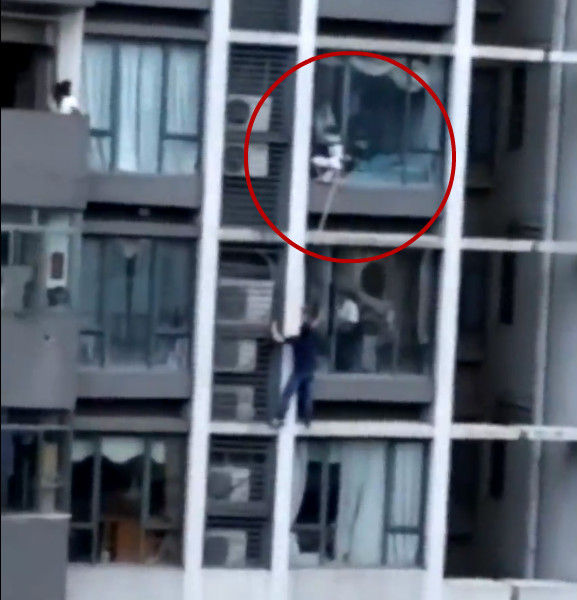 Panicked father follows his son climbing out of window of 8th floor ...