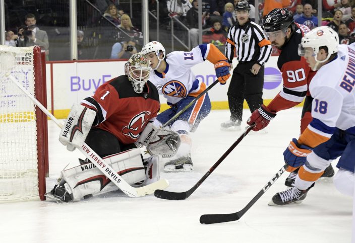 New York Islanders center Mathew Barzal (13) wears a Hockey Fights
