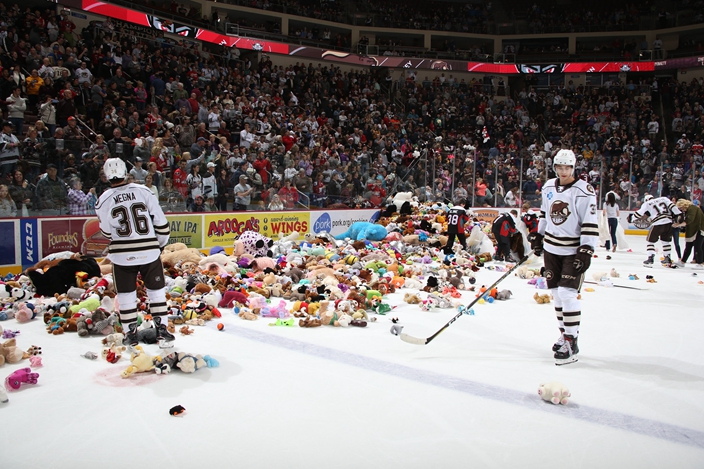 teddy bears thrown on ice