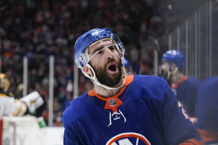 New York Islanders center Josh Bailey (12) celebrates his goal against the  Tampa Bay Lightning during the second period of Game 4 of an NHL hockey  Stanley Cup semifinal, Saturday, June 19