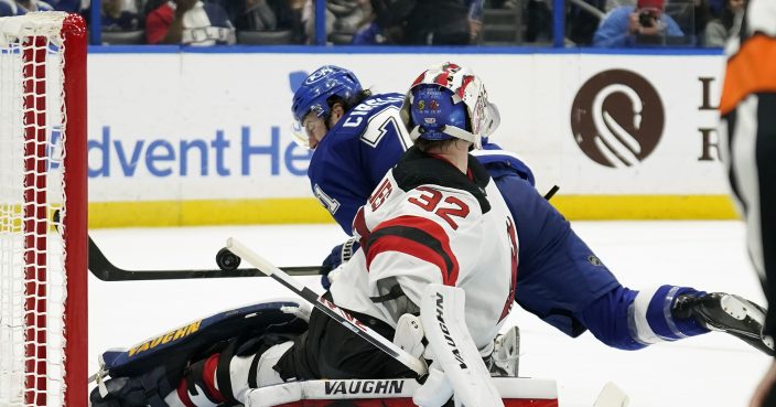 Tampa Bay Lightning defenseman Victor Hedman (77, right) celebrates with  teammates, including right wing Taylor Raddysh (16) and left wing Ross  Colton (79) after scoring against the New Jersey Devils during the